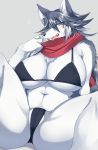  anthro big_breasts black_clothing black_topwear black_underwear blue_eyes blush breasts camel_toe canid canine canis chest_tuft cleavage clothed clothing eyebrow_through_hair eyebrows female front_view fur grey_background grey_fur grey_hair hair kemono leaning leaning_back looking_at_viewer mammal midriff multicolored_fur multicolored_hair navel nipple_outline pink_tongue red_clothing saigi scarf sgsix simple_background skimpy solo spread_legs spreading swimwear tongue tongue_out topwear translucent translucent_hair tuft two_tone_fur two_tone_hair underwear white_fur white_hair wolf 