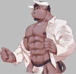  2019 abs anthro bovid bovine cattle clothed clothing fur hair hi_res horn jockstrap male mammal muscular muscular_male nipples open_shirt pecs solo sweat tiger_est underwear undressing 