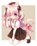  1girl ;o animal_ear_fluff animal_ears azur_lane bangs bell beret black_bow black_footwear blush bow brown_background brown_headwear brown_skirt cat_ears cat_girl cat_tail collared_shirt commentary_request eyebrows_visible_through_hair full_body hair_between_eyes hand_up haru_ichigo hat highres jingle_bell kisaragi_(azur_lane) kneeling long_hair neck_ribbon one_eye_closed pantyhose parted_lips pink_bow pink_hair pink_ribbon pleated_skirt purple_eyes ribbon shirt shoes short_sleeves skirt solo striped striped_bow suspender_skirt suspenders tail tail_bell tail_bow tail_raised two-tone_background two_side_up very_long_hair white_background white_legwear white_shirt 