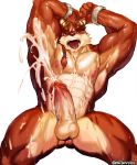  2019 abs absurd_res anthro biceps big_penis canid canine cartuja cum cumshot ejaculation epic7 eyewear fur goggles hair hi_res male mammal multicolored_fur muscular muscular_male nipples nsfwnudo nude orgasm pecs penis simple_background solo 
