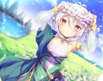  1girl :o antenna_hair bangs bare_shoulders blue_sky blurry blurry_background blush breasts cloud day detached_sleeves dress dutch_angle eyebrows_visible_through_hair flower hair_between_eyes hair_flower hair_ornament hands_on_headwear head_wreath hinata_yuu_(atelierhinata) kokkoro_(princess_connect!) long_sleeves looking_at_viewer outdoors pointy_ears princess_connect! princess_connect!_re:dive short_hair silver_hair sky small_breasts smile solo white_flower 