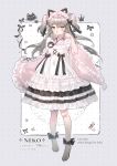  1girl :o absurdres animal_ears ankle_ribbon apron bangs black_bow black_ribbon blush bow candy cat cat_ears clenched_hand cross-laced_clothes crown dress dress_bow fake_animal_ears fang flower food frilled_dress frilled_sleeves frills grey_hair grey_legwear hair_ribbon hand_up highres japanese_clothes kimono lace lace-trimmed_dress lolita_fashion long_sleeves looking_at_viewer maid_headdress original pantyhose paw_pose pink_dress pink_kimono pixiv_username ribbon solo two_side_up wa_lolita wa_maid watermark white_apron wide_sleeves yellow_eyes yuzhi 