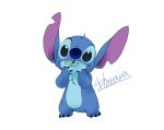  2018 alien blue_claws blue_eyes blue_fur blue_nose chest_tuft claws disney eating experiment_(species) food fur harara head_tuft hi_res lilo_and_stitch looking_at_viewer notched_ear pocky signature simple_background solo standing stitch tuft white_background 