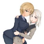  2girls blonde_hair blush brave_witches breasts brown_eyes closed_mouth edytha_rossmann eyebrows eyebrows_visible_through_hair highres hug isosceles_triangle_(xyzxyzxyz) large_breasts looking_at_viewer looking_to_the_side military military_uniform monochrome_background multiple_girls open_mouth shiny shiny_hair shiny_skin short_hair simple_background small_breasts smile uniform waltrud_krupinski white_background white_hair world_witches_series yuri 