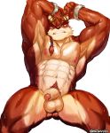  2019 abs absurd_res anthro biceps canid canine cartuja epic7 eyewear fur goggles hair hi_res humanoid_penis male mammal multicolored_fur muscular muscular_male nipples nsfwnudo nude pecs penis simple_background solo 