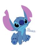  2018 4_fingers 4_toes alien black_eyes blue_claws blue_fur blue_nose blue_pawpads chest_tuft claws disney experiment_(species) fur harara head_tuft lilo_and_stitch lineless looking_up notched_ear pawpads signature simple_background sitting small_tail solo stitch toes tuft white_background 