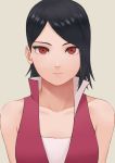  1girl bangs bare_shoulders black_hair boruto:_naruto_next_generations brown_background closed_mouth collarbone expressionless high_collar highres looking_at_viewer miru_(wvjc7832) naruto_(series) no_eyewear parted_bangs portrait red_eyes red_shirt sharingan shiny shiny_hair shirt short_hair simple_background sleeveless sleeveless_shirt solo tsurime uchiha_sarada 