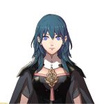  1girl armor blue_eyes blue_hair byleth cape collarbone fire_emblem fire_emblem:_fuukasetsugetsu kurahana_chinatsu long_hair looking_at_viewer nintendo official_art portrait simple_background smile solo white_background 