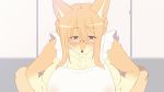  16:9 animated anthro apron apron_only big_breasts black_nose blue_eyes blush breasts canid canine cleavage clothed clothing crouching ear_tuft eyebrow_through_hair eyebrows female front_view fur hair half-closed_eyes hand_on_breast inner_ear_fluff kemono looking_at_viewer mammal mostly_nude orange_fur orange_hair saigi sgsix smile tan_fur translucent translucent_hair tuft 