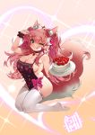  1girl ;p absurdres animal_ears apron blush breasts bsue cake cream_on_body eyebrows_visible_through_hair fate/extra fate_(series) food fork fox_ears fox_tail fruit hair_between_eyes hair_ornament heart heart-shaped_pupils highres large_breasts long_hair looking_at_viewer mole mole_on_breast naked_apron one_eye_closed pink_eyes pink_hair smile solo strawberry symbol-shaped_pupils tail tamamo_(fate)_(all) tamamo_no_mae_(fate) thighhighs tongue tongue_out twintails white_legwear 