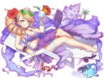  1girl barefoot blonde_hair blush bracelet breasts chair character_request cleavage closed_mouth complex_saga copyright_name crab cup drill_hair drinking_glass eyebrows_visible_through_hair eyewear_on_head flower green_eyes hair_flower hair_ornament holding holding_cup jewelry large_breasts looking_at_viewer nail_polish navel neko7 purple_nails sandals_removed short_hair side_drill sitting smile solo sunglasses toenail_polish tongue tongue_out 