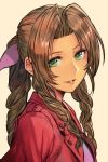  1girl aerith_gainsborough bangs bow braid braided_ponytail brown_hair coat final_fantasy final_fantasy_vii green_eyes hair_bow hankuri lips long_hair looking_at_viewer parted_bangs parted_lips pink_background ponytail sidelocks simple_background smile solo twin_braids upper_body 