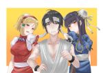  1boy 2girls aasa_sa absurdres arms_at_sides black_eyes black_hair black_wristband blush bracelet breasts brown_eyes bun_cover capcom chun-li chun-li_(cosplay) clenched_hand cosplay double_bun dougi fingerless_gloves gloves gold_trim gradient gradient_background hairband headband hidaka_koharu high_score_girl highres jewelry long_hair looking_at_viewer medium_breasts multiple_girls oono_akira open_mouth puffy_short_sleeves puffy_sleeves red_gloves red_hairband ryuu_(street_fighter) ryuu_(street_fighter)_(cosplay) short_hair short_sleeves sidelocks spiked_bracelet spikes standing street_fighter upper_body white_headband yaguchi_haruo yellow_background 