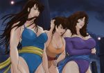  3girls breasts brown_hair cat&#039;s_eye cleavage highres kisugi_ai kisugi_hitomi kisugi_rui large_breasts leotard lips long_hair looking_down mole mole_under_mouth multiple_girls night night_sky noysca short_hair siblings sisters sky 