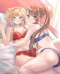  2girls absurdres ass asymmetrical_bangs bangs beatrix_(granblue_fantasy) bed_sheet blonde_hair blue_bra blue_eyes blue_panties blush bra breasts brown_eyes brown_hair cleavage collarbone commentary_request floral_print from_behind granblue_fantasy highres lingerie lips long_hair looking_at_viewer lying medium_breasts midriff multiple_girls navel on_back panties pink_lips ponytail red_bra renzu_(lens_02) rose_print stomach thighs twintails underwear underwear_only wavy_hair zeta_(granblue_fantasy) 