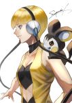  1girl absurdres bangs black_hairband blonde_hair blue_eyes breasts choker cleavage collarbone creatures_(company) eyebrows_visible_through_hair game_freak hairband highres jacket kamitsure_(pokemon) medium_breasts midriff navel nintendo open_clothes open_jacket pokemon pokemon_(game) pokemon_bw pokemon_on_shoulder profile short_hair signature simple_background sleeveless_jacket smile solo stomach upper_body w-moz9-w white_background yellow_jacket 