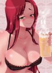  1girl absurdres bare_shoulders black_bra bra breasts female green_eyes highres long_hair looking_at_viewer peeing pink_nose red_hair smile solo underwear urine 