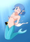  blue_background book breasts bubble highres looking_at_viewer mermaid monster_girl monsterification morinaka_hajime naganohara_mio nichijou one_eye_closed pen small_breasts topless 