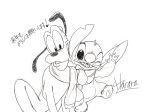  2018 4_fingers 4_toes alien canid canine canis claws disney domestic_dog duo experiment_(species) fur greyscale harara head_tuft hidden_mickey japanese_text lilo_and_stitch looking_at_viewer mammal monochrome one_eye_closed open_mouth open_smile pawpads pluto_(disney) scarf signature simple_background sketch smile stitch text toes translation_request tuft white_background wink 