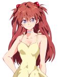  1girl bare_shoulders blue_eyes breasts brown_hair chokota cleavage closed_mouth commentary_request dress hair_ornament long_hair looking_at_viewer medium_breasts neon_genesis_evangelion simple_background smile solo soryu_asuka_langley upper_body white_background 