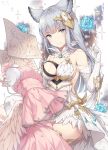  1girl animal_ears ayuanlv bare_shoulders blue_eyes blue_flower blue_rose breasts closed_mouth dated dress elbow_gloves erune feathers flower gloves granblue_fantasy hair_ornament head_tilt highres jewelry korwa long_hair looking_at_viewer mannequin medium_breasts mouth_hold necklace pearl_necklace pink_dress rose see-through signature silver_hair sitting sleeveless sleeveless_dress smile solo strapless strapless_dress thighhighs thread very_long_hair white_dress white_feathers white_gloves white_legwear 