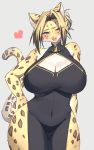  &lt;3 anthro big_breasts black_clothing black_dress black_fur black_spots blonde_hair blue_eyes blush breasts chinese_clothing chinese_dress cleavage_cutout clothing curvaceous cute_fangs dress eyebrow_through_hair eyebrows felid female front_view fur grey_background hair hand_behind_back hand_on_hip head_tilt kemono leopard looking_at_viewer mammal navel pantherine pelvic_curtain pink_tongue portrait pubic_mound saigi sgsix simple_background smile solo spots thick_thighs three-quarter_portrait tight_clothing tongue translucent translucent_hair white_fur wide_hips yellow_fur 