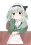  1girl bangs black_hairband black_ribbon blurry blurry_background blush chair closed_mouth collared_shirt commentary_request depth_of_field dress_shirt eringi_(rmrafrn) eyebrows_visible_through_hair green_eyes green_hair green_sweater hair_ribbon hairband hand_up highres konpaku_youmu konpaku_youmu_(ghost) long_hair long_sleeves looking_at_viewer on_chair paper ribbon school_uniform shirt simple_background sitting sleeves_past_wrists solo sweater touhou v-shaped_eyebrows white_background white_shirt 