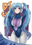  1girl absurdres arm_up bbbs blue_eyes blue_hair bodysuit breasts character_name cleavage collarbone covered_navel curvy dj_sona eyebrows_visible_through_hair eyelashes gluteal_fold headphones highres keyboard large_breasts league_of_legends lips matching_hair/eyes open_mouth skin_tight solo sona_buvelle teeth twintails wide_hips 