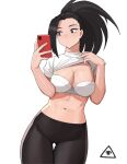 1girl artist_logo ass_visible_through_thighs black_eyes black_hair black_legwear boku_no_hero_academia bow bow_bra bra breasts cellphone cleavage clothes_lift commentary contrapposto cowboy_shot donburi_(donburikazoku) hands_up holding holding_phone large_breasts leggings long_hair looking_at_phone navel phone ponytail shirt shirt_lift simple_background smartphone solo standing thigh_gap underwear white_background white_bra white_shirt yaoyorozu_momo 