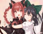  2girls animal_ears arm_up bird_wings black_dress black_hair blush bow braid cape cat_ears cat_tail commentary_request dress eyebrows_visible_through_hair eyes_closed fang feathered_wings fingernails hair_between_eyes hair_bow hand_on_another&#039;s_shoulder hug juliet_sleeves kaenbyou_rin long_hair long_sleeves looking_at_viewer multiple_girls multiple_tails nail_polish open_mouth pink_background ponytail puffy_short_sleeves puffy_sleeves red_eyes red_hair red_nails reiuji_utsuho sharp_fingernails shiromoru_(yozakura_rety) shirt short_hair short_sleeves sketch skin_fang slit_pupils smile tail touhou twin_braids twitter_username upper_body white_shirt wings 