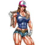  abs belt belt_buckle biceps blush breasts buckle character_request chest commentary eyelashes gloves grey_eyes hat highres jewelry kerchief large_breasts light_brown_hair lips lipstick looking_at_viewer makeup muscle muscular_female necklace original shorts shoulders sleeveless sweat sweatdrop tabe_koji tank_top thick_thighs thighs yumi_hijikata 