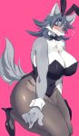  anthro big_breasts black_clothing blush bow_tie breasts canid canine canis chest_tuft cleavage clothed clothing fake_ears female footwear full-length_portrait fur grey_fur hair high_heels inner_ear_fluff kemono kneeling legwear leotard mammal pantyhose pink_background portrait purple_hair saigi sgsix shoes simple_background solo thick_thighs three-quarter_view translucent translucent_clothing tuft wide_hips wolf wrist_cuff 