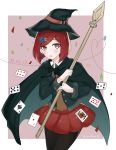  1girl bob_cut brown_eyes conchiem69 danganronpa eyelashes hair_ornament hairclip hat highres looking_at_viewer new_danganronpa_v3 open_mouth pleated_skirt red_background red_hair school_uniform short_hair skirt staff twitter_username witch_hat yumeno_himiko 