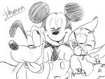  2018 4:3 4_fingers alien anthro black_and_white canid canine canis chest_tuft claws clothing disney domestic_dog experiment_(species) eyes_closed feral fur gloves harara head_tuft hi_res lilo_and_stitch looking_at_another mammal mickey_mouse monochrome mouse murid murine notched_ear one_eye_closed open_mouth open_smile pluto_(disney) rodent round_ears signature sketch smile stitch tongue tongue_out tuft 