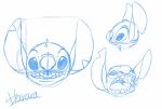  2018 alien blue_and_white chest_tuft disembodied_head disney experiment_(species) fur harara head_tuft lilo_and_stitch monochrome notched_ear open_mouth signature simple_background sketch stitch tuft white_background 
