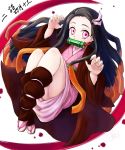  1girl black_hair fingernails floating_hair hair_ribbon highres japanese_clothes kamado_nezuko kimetsu_no_yaiba kimono kuroa_(kuroan) long_hair looking_at_viewer multicolored_hair orange_hair pink_eyes pink_kimono pink_ribbon ribbon sharp_fingernails short_kimono solo tabi two-tone_hair very_long_hair white_legwear 