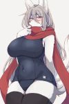  anthro big_breasts black_clothing black_nose breasts canid canine canis cheek_tuft clothing eyebrow_through_hair eyebrows eyewear female fur glasses grey_hair hair hand_behind_back inner_ear_fluff kemono legwear long_hair looking_at_viewer mammal navel red_clothing red_eyes saigi scarf sgsix simple_background solo swimwear thick_thighs thigh_highs three-quarter_view tight_clothing translucent translucent_hair tuft white_background white_fur wide_hips wolf 