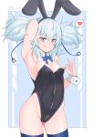  1girl :q alternate_costume animal_ears arm_behind_head armpits bare_shoulders black_leotard blue_eyes blue_legwear blue_neckwear blush bow bowtie breasts bunny_ears bunnysuit cleavage commentary_request covered_navel cowboy_shot detached_collar fake_animal_ears girls_frontline groin hair_between_eyes hand_up heart highres leotard leotard_pull maxdeng medium_hair pa-15_(girls_frontline) pulled_by_self silver_hair skin_tight small_breasts solo spoken_heart thighhighs tongue tongue_out twintails wrist_cuffs 