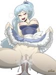  1girl areolae blush breasts clitoris cum cum_in_pussy highres long_hair medium_breasts open_mouth penis ponytail pubic_hair pussy rwby sex simple_background spooki spread_legs thighs uncensored weiss_schnee 