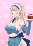  1girl absurdres alternate_costume apron blonde_hair blue_eyes blue_gloves breasts cake cherry chuby_mi cleavage cowboy_shot detached_collar elbow_gloves enmaided erect_nipples facial_mark food food_in_mouth frilled_apron frills fruit garter_straps gloves hair_between_eyes heart highres holding holding_tray large_breasts long_hair maid maid_day maid_headdress metroid midriff mole mole_under_mouth mouth_hold necktie nintendo pink_background ponytail ribbon-trimmed_gloves ribbon_trim samus_aran short_necktie sidelocks simple_background solo strapless tray tubetop waist_apron 