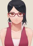  1girl bangs bare_shoulders black_hair boruto:_naruto_next_generations brown_background closed_mouth collarbone commentary_request expressionless glasses high_collar highres looking_at_viewer miru_(wvjc7832) naruto_(series) parted_bangs portrait red-framed_eyewear red_eyes red_shirt sharingan shiny shiny_hair shirt short_hair simple_background sleeveless sleeveless_shirt solo tsurime uchiha_sarada 