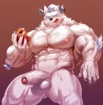  2019 abs absurd_res anthro apple balls behemoth_(housamo) biceps food fruit fur hi_res humanoid_penis male mammal monster muscular muscular_male nipples nsfwnudo pecs penis plant simple_background solo tokyo_afterschool_summoners video_games white_balls white_penis 