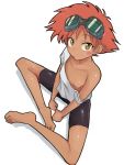  1girl areolae bangs barefoot bike_shorts blush_stickers breasts cowboy_bebop dark_skin downblouse edward_wong_hau_pepelu_tivrusky_iv eyebrows_visible_through_hair from_above full_body goggles goggles_on_head konarofu nipples off_shoulder red_hair shirt short_hair simple_background single_bare_shoulder sitting small_breasts solo white_background white_shirt yellow_eyes 