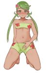  1girl bandeau bangs bare_arms bare_shoulders barefoot blush breasts closed_mouth collarbone commentary_request creatures_(company) dark_skin embarrassed floral_print full_body game_freak green_eyes green_hair green_swimsuit groin hair_ornament highres kneeling long_hair looking_at_viewer low_twintails mao_(pokemon) medium_breasts miru_(wvjc7832) navel nintendo nose_blush pokemon pokemon_(anime) pokemon_sm_(anime) shiny shiny_hair shiny_skin simple_background solo spread_legs stomach swept_bangs swimsuit twintails white_background 