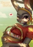  &lt;3 2019 5_fingers anthro basket clothed clothing detailed_background digital_media_(artwork) disney easter egg english_text female flower fur grey_fur hay headband hi_res holding_object holidays judy_hopps kristiana_puff lagomorph leporid mammal object_in_mouth outside plant purple_eyes rabbit smile solo speech_bubble text tree zootopia 