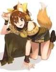  1girl animal_ears bow breastplate brown_eyes brown_hair cape dress dyute_(fire_emblem) fake_animal_ears fake_tail fang fire_emblem fire_emblem_echoes:_mou_hitori_no_eiyuuou fire_emblem_heroes fox_ears fox_tail hair_bow ichikei long_hair nintendo open_mouth ponytail short_dress simple_background solo tail white_background 