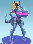  13:17 absurd_res anthro big_breasts breasts clothing curvaceous eyewear female hi_res huge_breasts nipple_outline plankboy scalie smile solo standing sunglasses thick_thighs tight_clothing wide_hips 