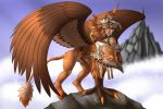  2019 avian beak brown_feathers claws day detailed_background digital_media_(artwork) feathered_wings feathers feral gryphon outside rock sky smile solo standing tales_foxdale wings 