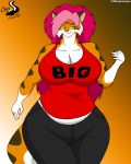  4:5 cjshadorunner clothing felid female hair hi_res mammal overweight pantherine pants shirt smile solo tiger topwear 