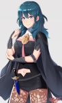  1girl absurdres armor blue_eyes blue_hair breasts byleth cape fire_emblem fire_emblem:_fuukasetsugetsu gloves hair_ornament highres long_hair looking_at_viewer medium_breasts nintendo sarukaiwolf short_hair simple_background smile solo standing upper_body white_background 